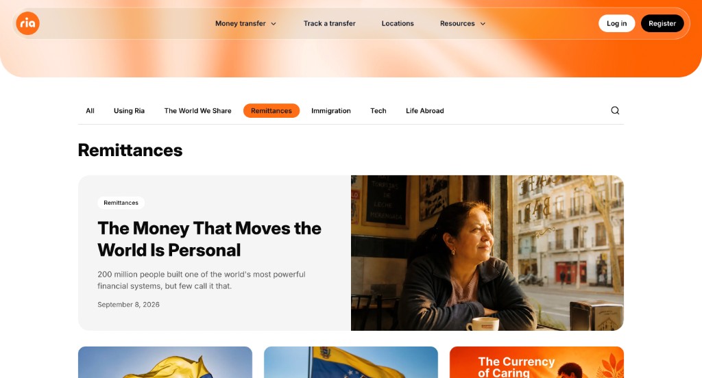 Ria Money Transfer blog homepage showing the Remittances category with a featured post and grid of recent articles