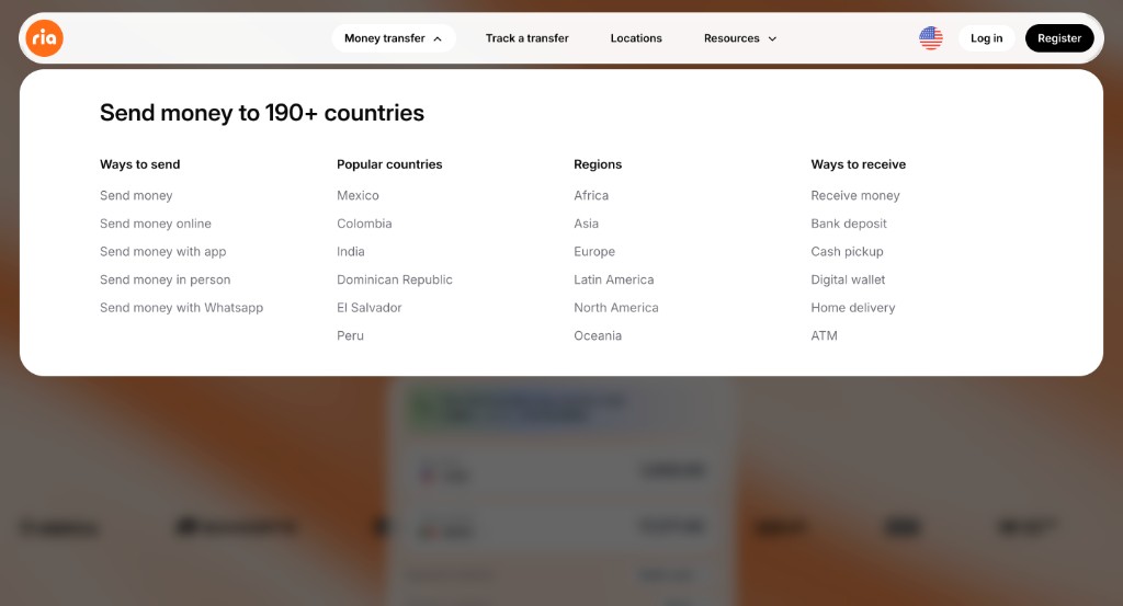 Ria Money Transfer US navigation with expanded Money transfer dropdown showing ways to send, popular countries, regions, and ways to receive
