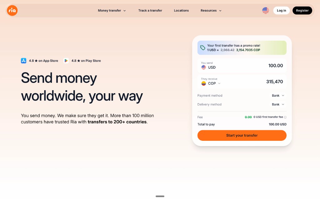 Screenshot of Ria's Send Money landing page